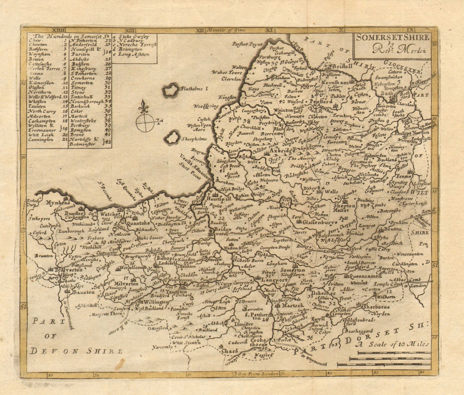 'SOMERSETSHIRE BY Robt. Morden'. Scarce Morden Miniature county map c1701